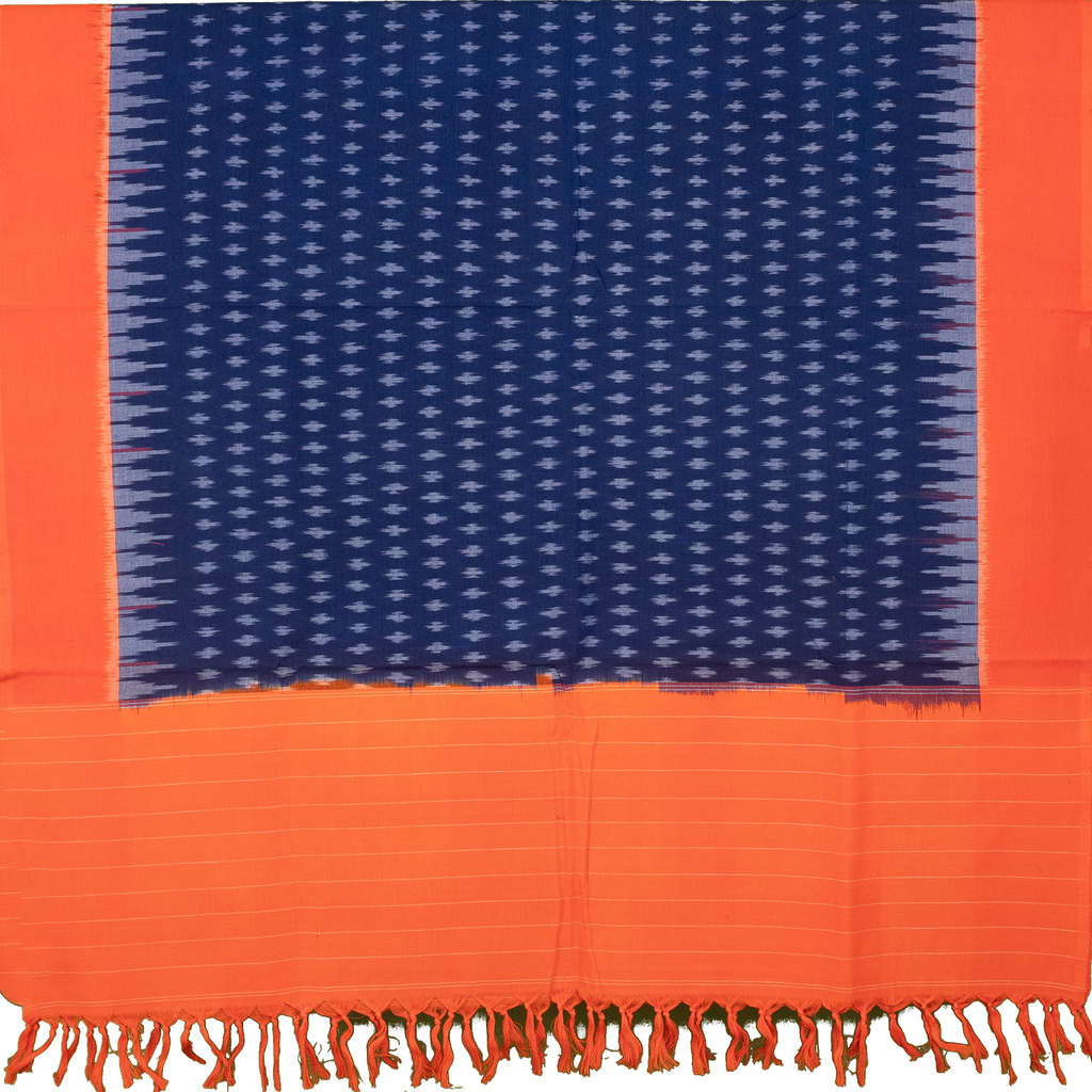 Navy Blue & Bright Orange Geometric Pochampally Single Ikat Cotton Dupatta