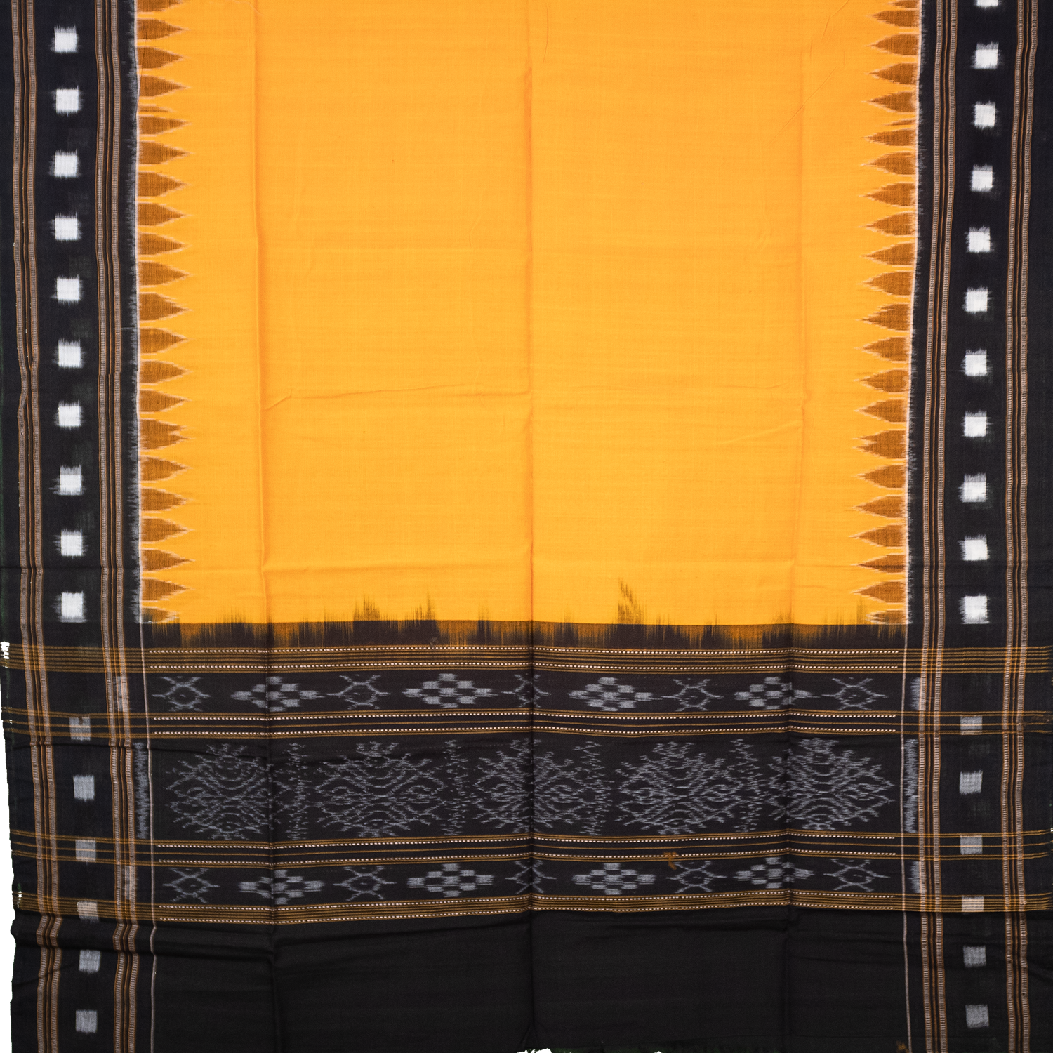 Mango Yellow & Jet Black Temple Border Sambalpuri Single Ikat Cotton Dupatta