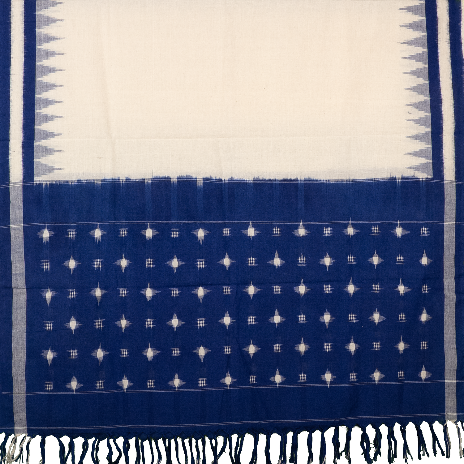 Ivory White & Indigo Blue Geometric Sambalpuri Single Ikat Cotton Dupatta