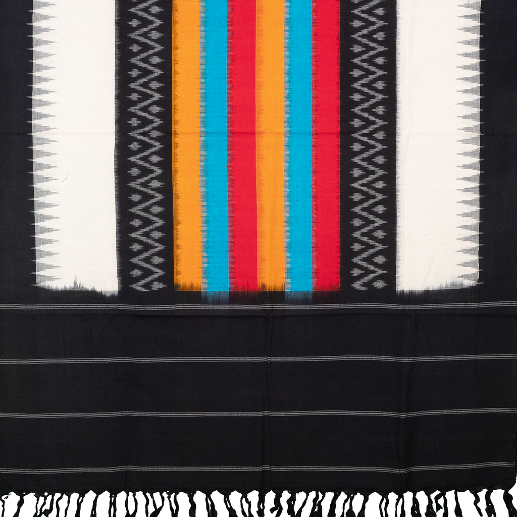 Jet Black & Pearl White Geometric Sambalpuri Single Ikat Cotton Dupatta