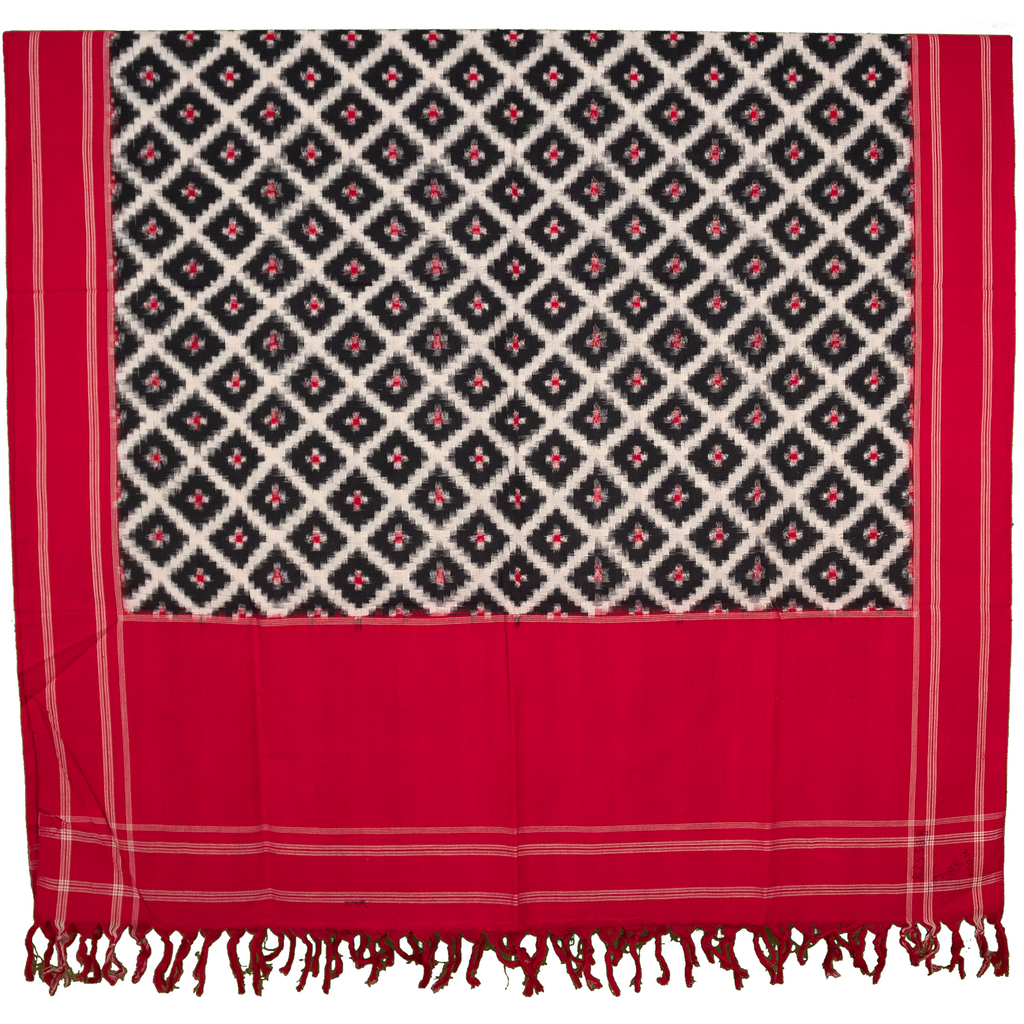 Crimson Red & Coal Black Geometric Grid Telia Rumal Double Ikat Cotton Dupatta