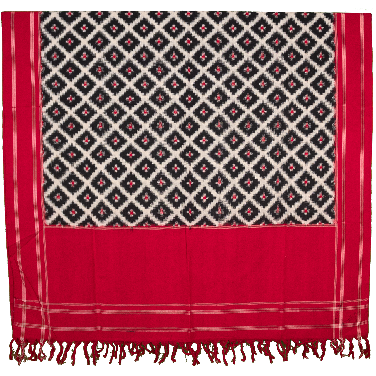 Crimson Red & Coal Black Geometric Grid Telia Rumal Double Ikat Cotton Dupatta