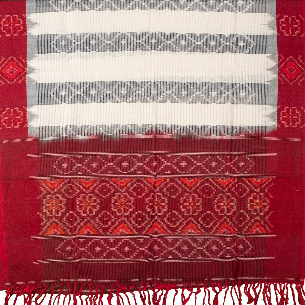 Off White & Maroon Red Geometric Floral Sambalpuri Single Ikat Cotton Dupatta