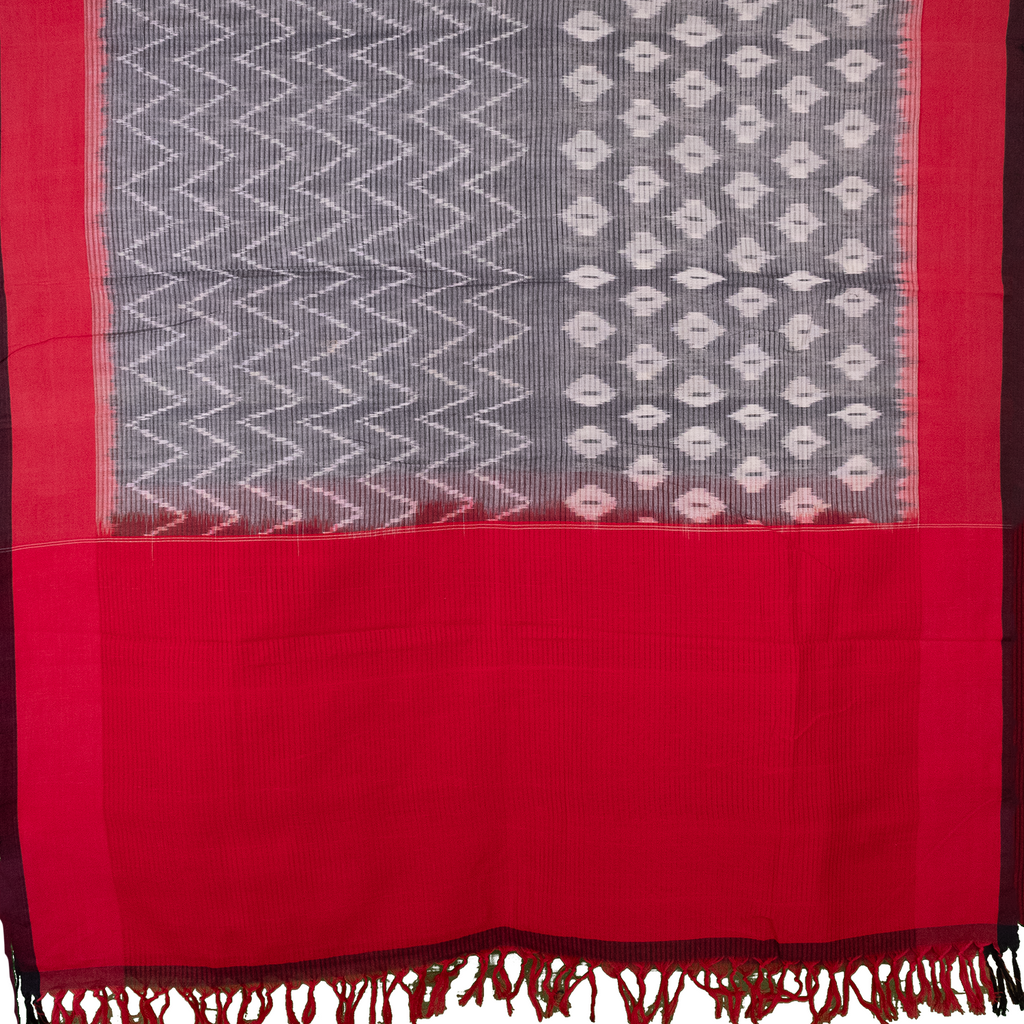 Ethnica Handloom Red & Grey Ikat Cotton Dupatta with Tassels