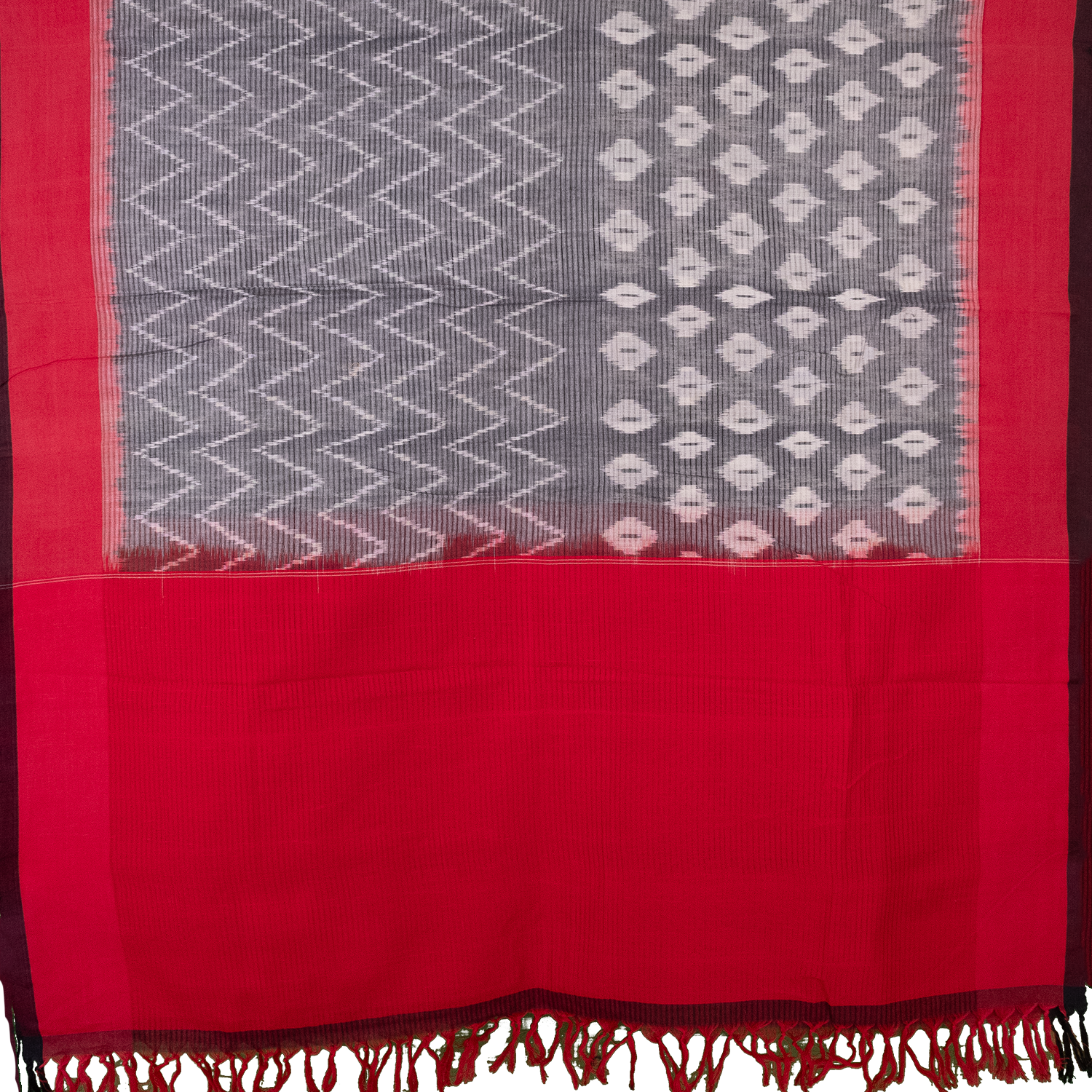 Ethnica Handloom Red & Grey Ikat Cotton Dupatta with Tassels