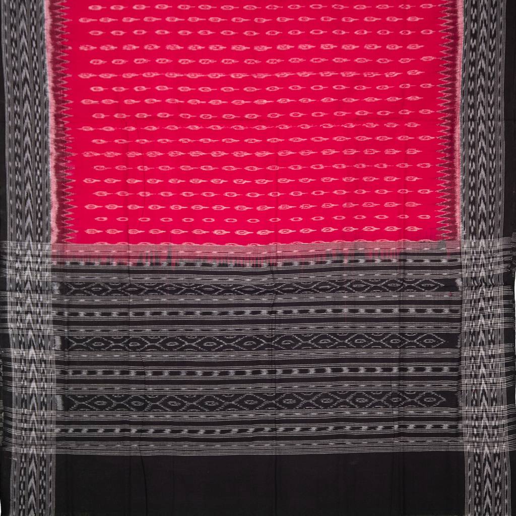Magenta Pink & Raven Black Traditional Geometric Sambalpuri Double Ikat Cotton Dupatta