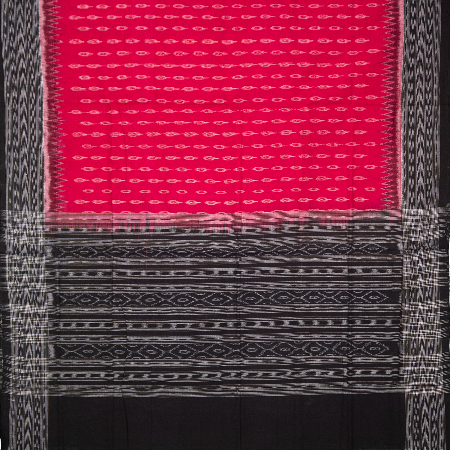 Magenta Pink & Raven Black Traditional Geometric Sambalpuri Double Ikat Cotton Dupatta