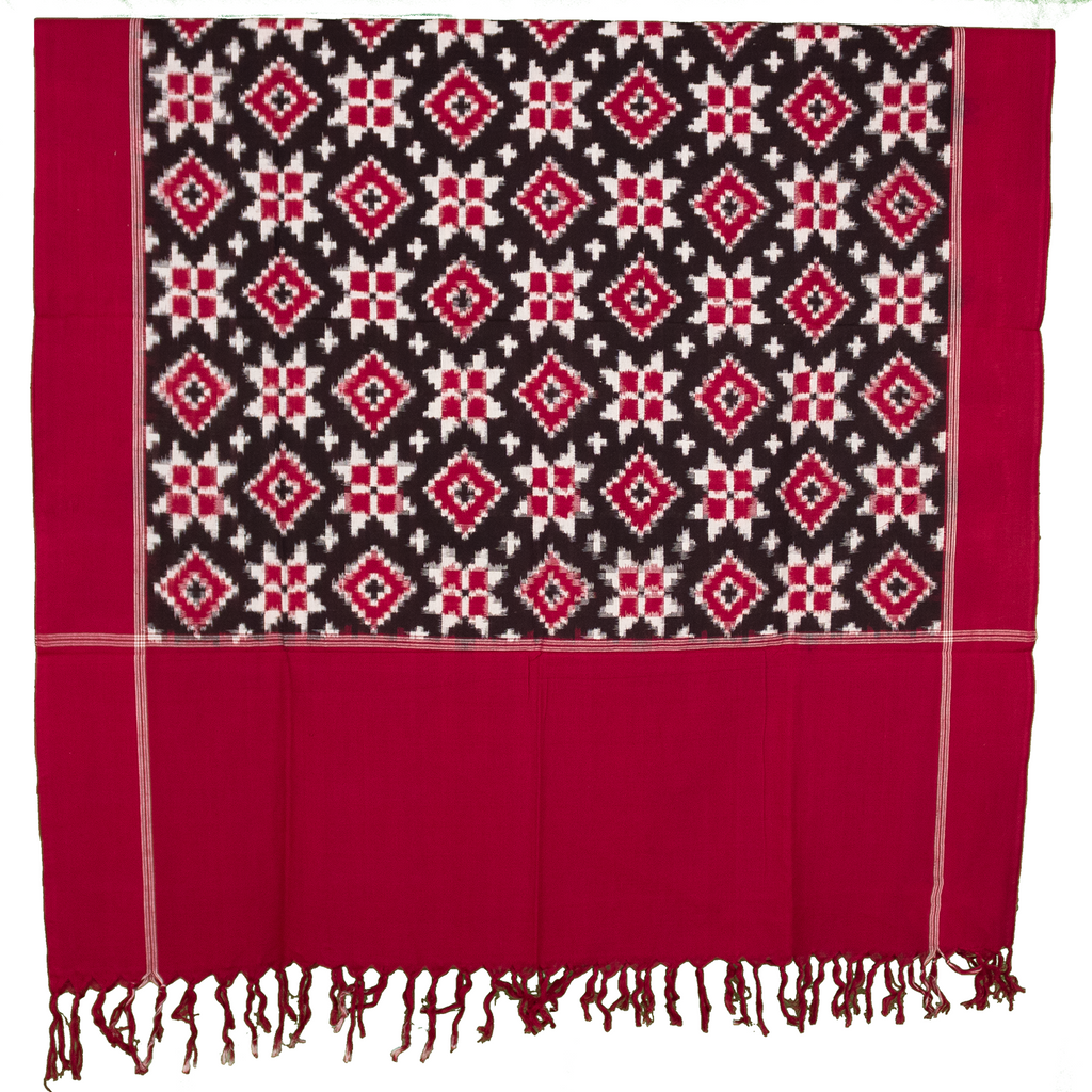 Crimson Red & Charcoal Black Geometric Telia Rumal Double Ikat Cotton Dupatta