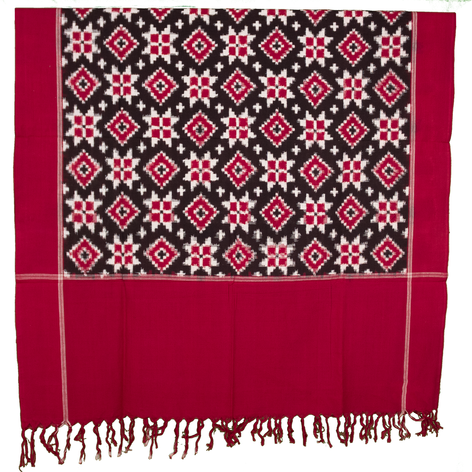 Crimson Red & Charcoal Black Geometric Telia Rumal Double Ikat Cotton Dupatta