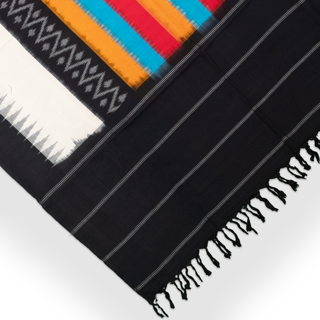 Jet Black & Pearl White Geometric Sambalpuri Single Ikat Cotton Dupatta