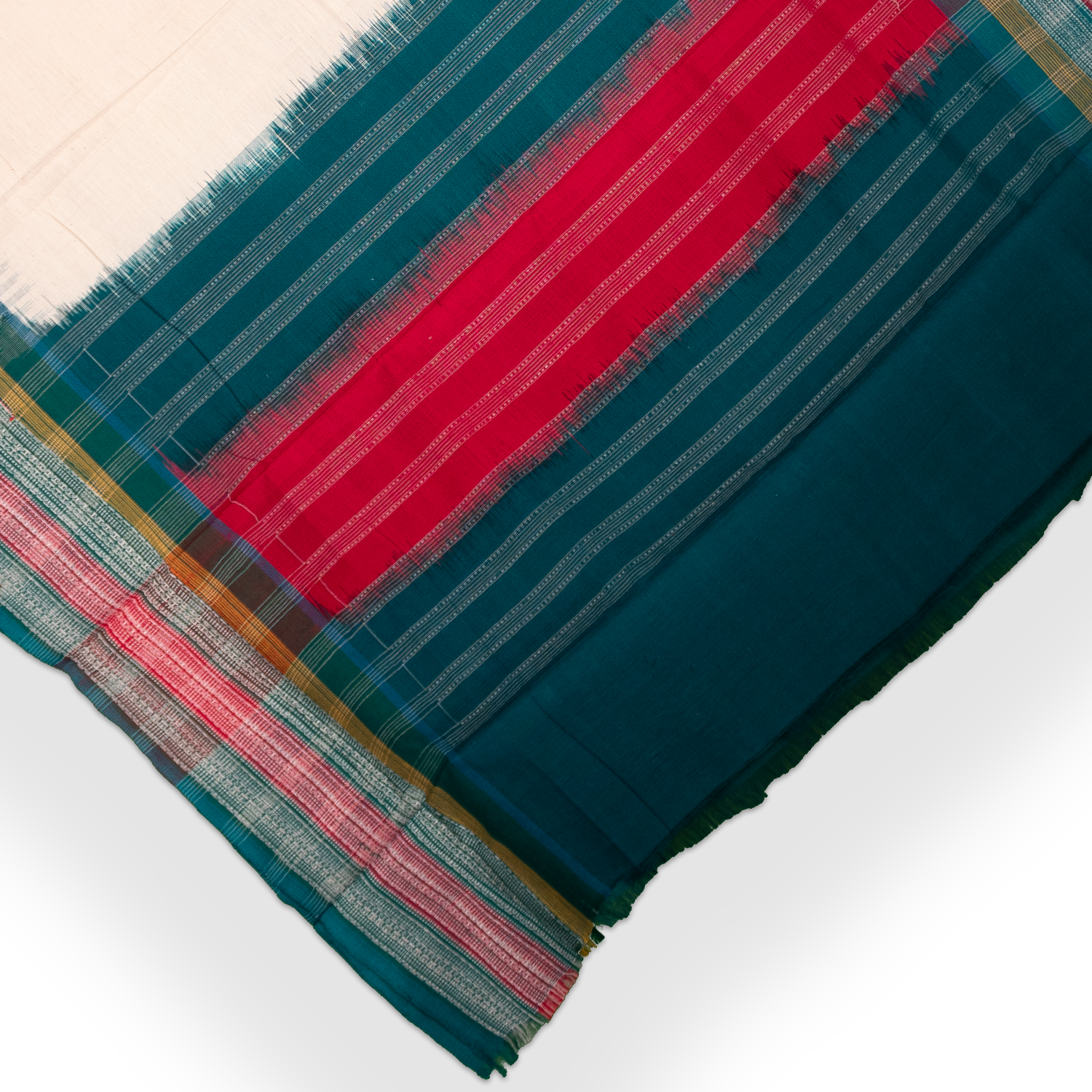 Off White & Teal Blue Geometric Sambalpuri Single Ikat Cotton Dupatta
