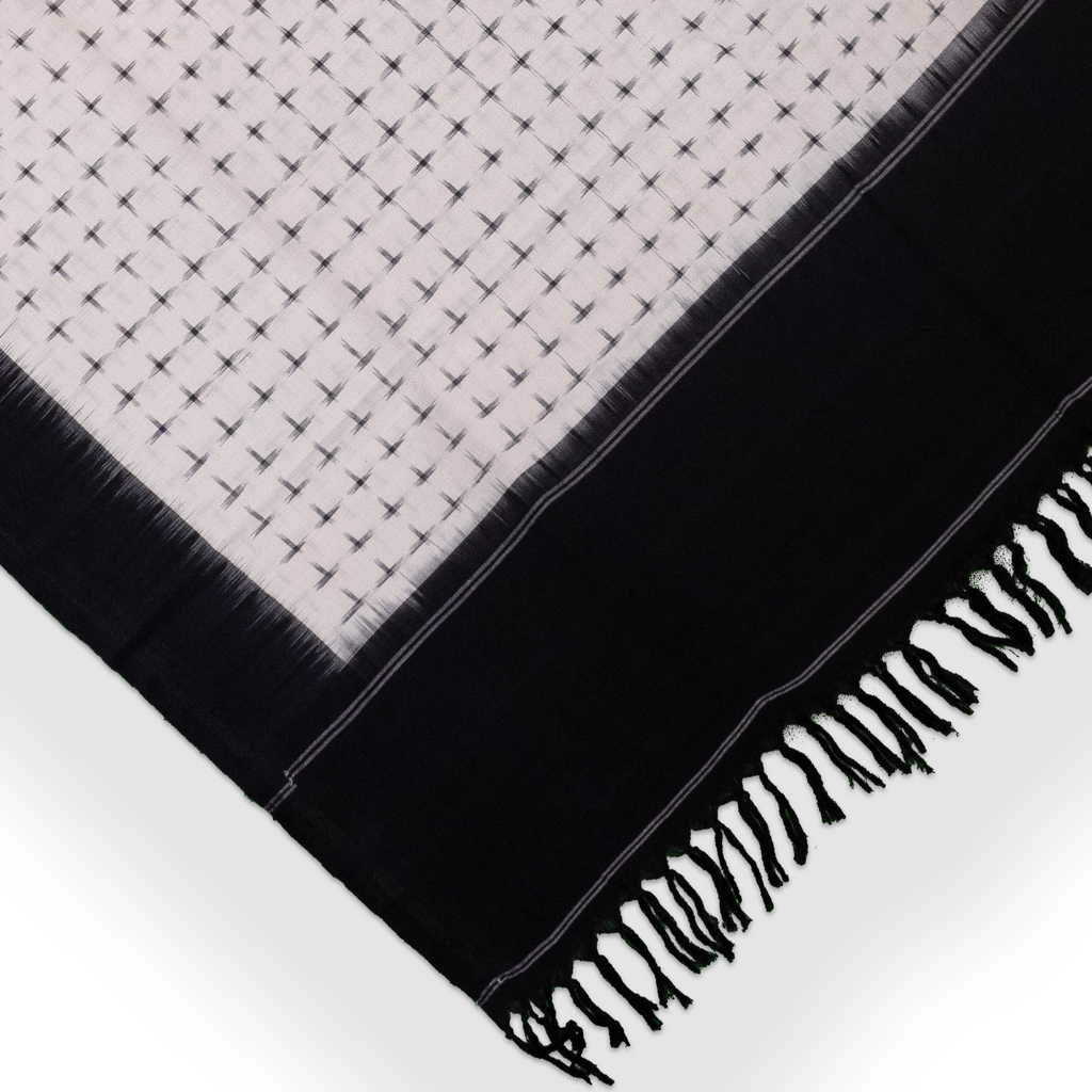 Ivory White & Jet Black Geometric Cross Sambalpuri Single Ikat Cotton Dupatta