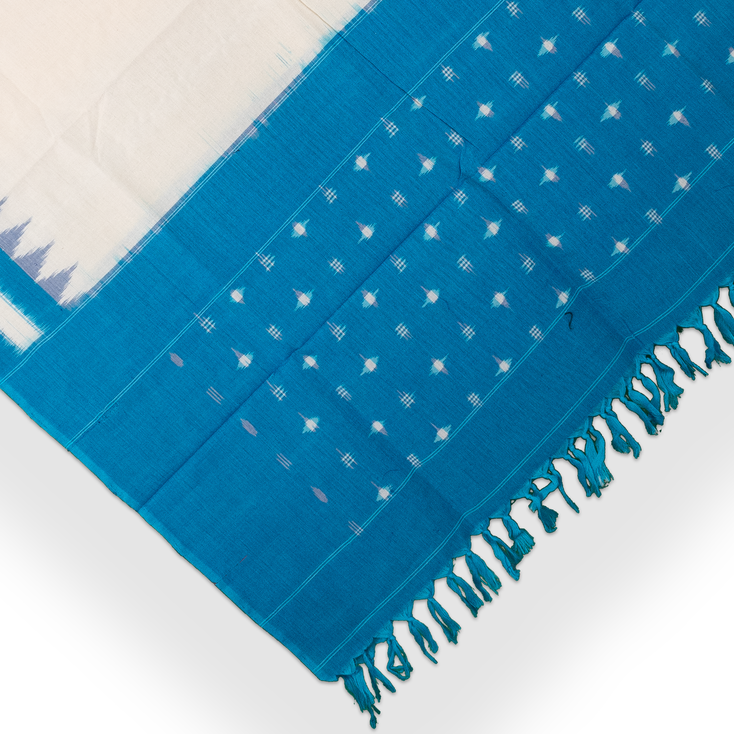 Off-White & Cyan Blue Temple Border Pochampally Single Ikat Cotton Dupatta