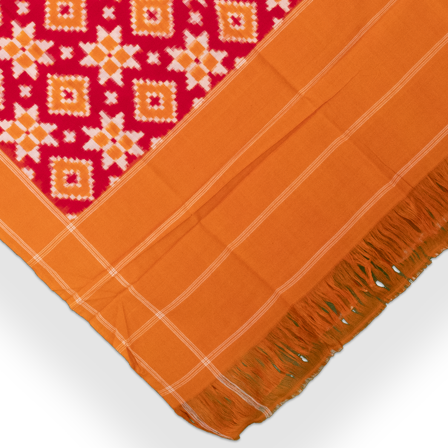 Crimson Red & Golden Orange Geometric Pochampally Double Ikat Cotton Dupatta