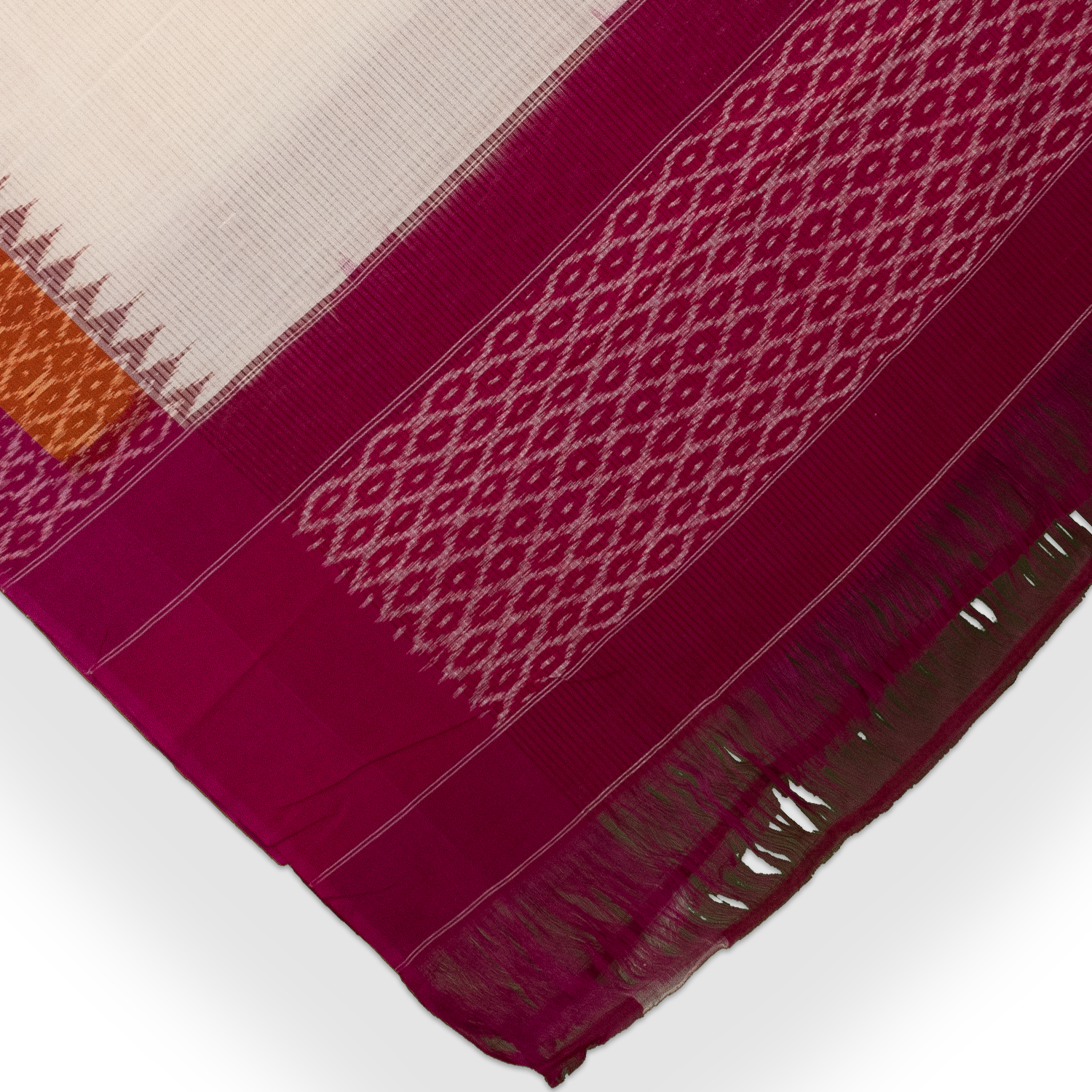 Ivory & Wine Red Temple Border Geometric Pochampally Single Ikat Cotton Dupatta