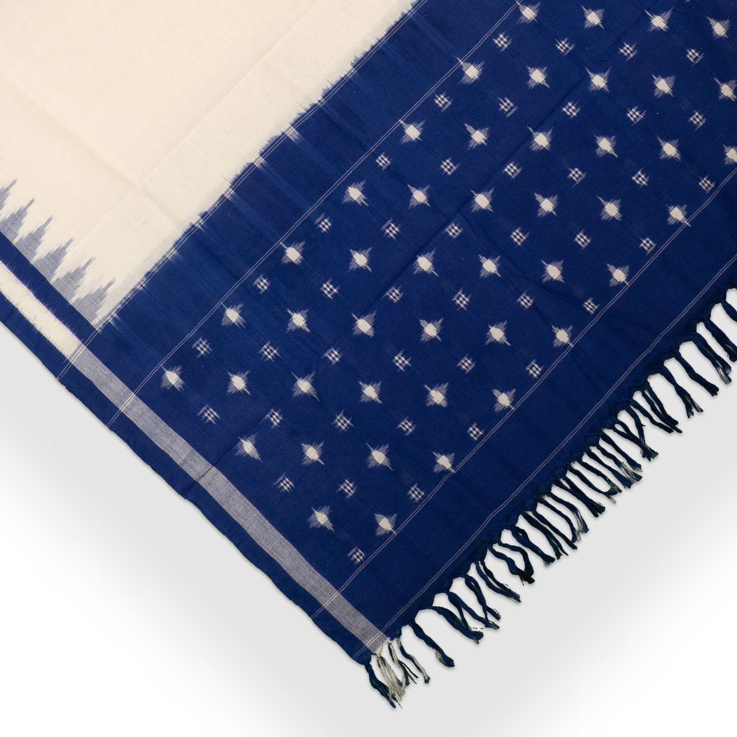 Ivory White & Indigo Blue Geometric Sambalpuri Single Ikat Cotton Dupatta
