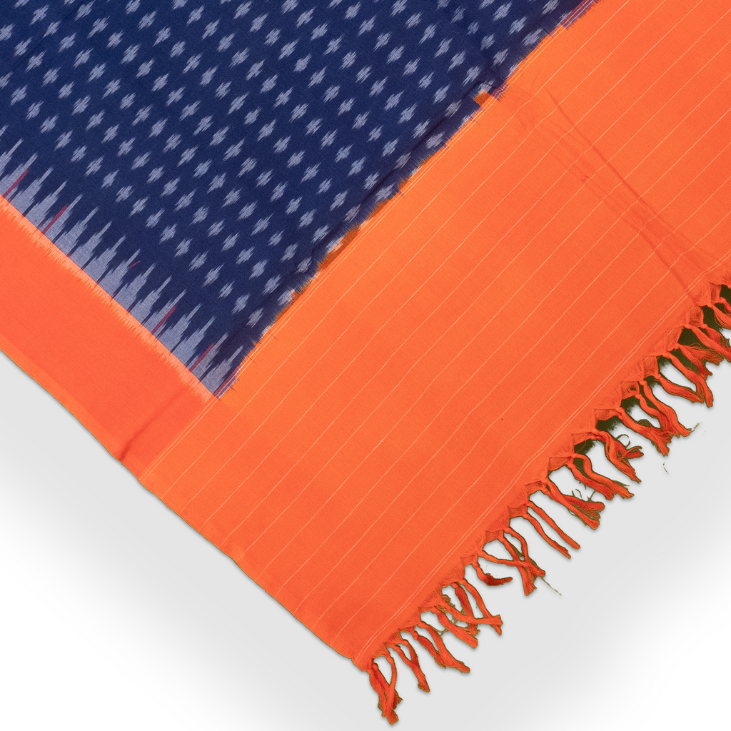 Navy Blue & Bright Orange Geometric Pochampally Single Ikat Cotton Dupatta
