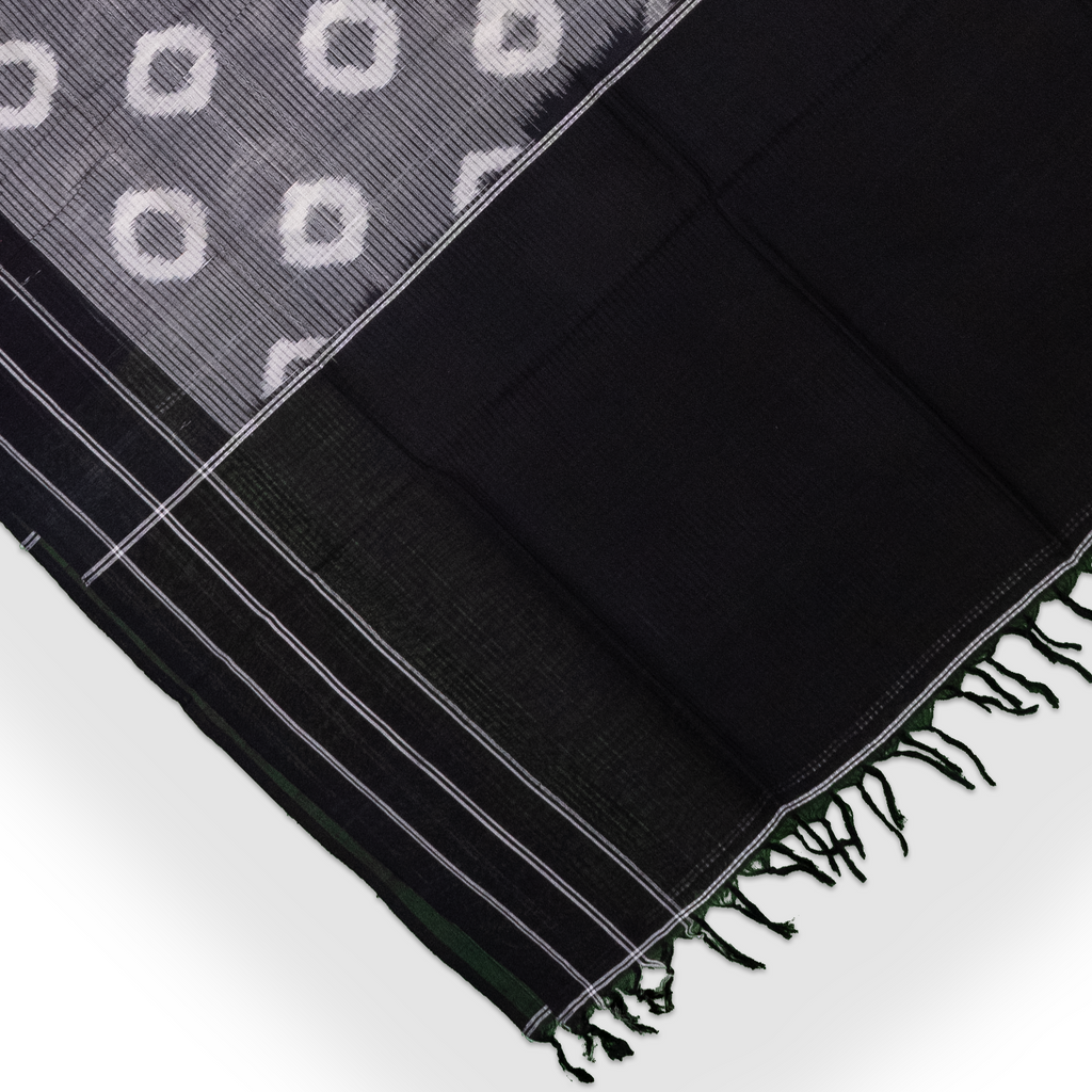 Jet Black & Pristine White Geometric Sambalpuri Single Ikat Cotton Dupatta