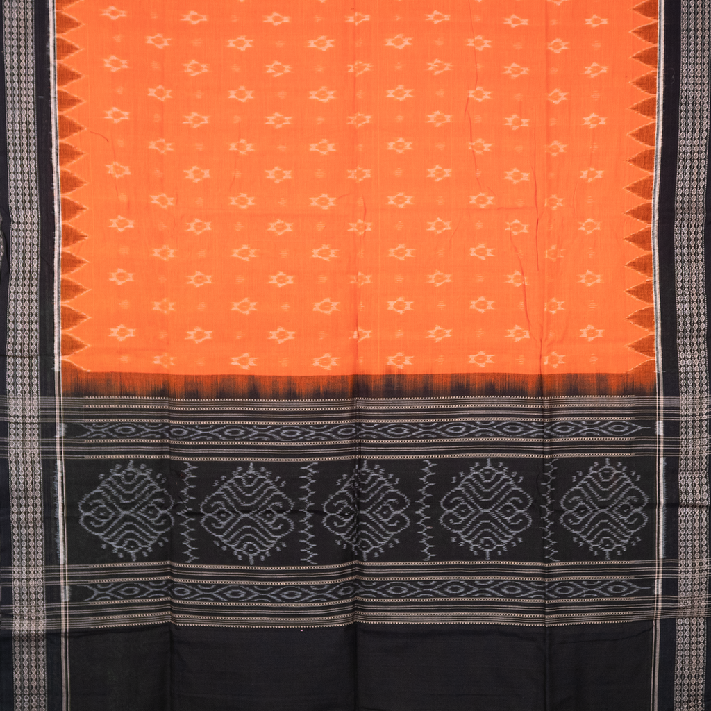 Saffron Orange & Jet Black Traditional Sambalpuri Single Ikat Cotton Dupatta