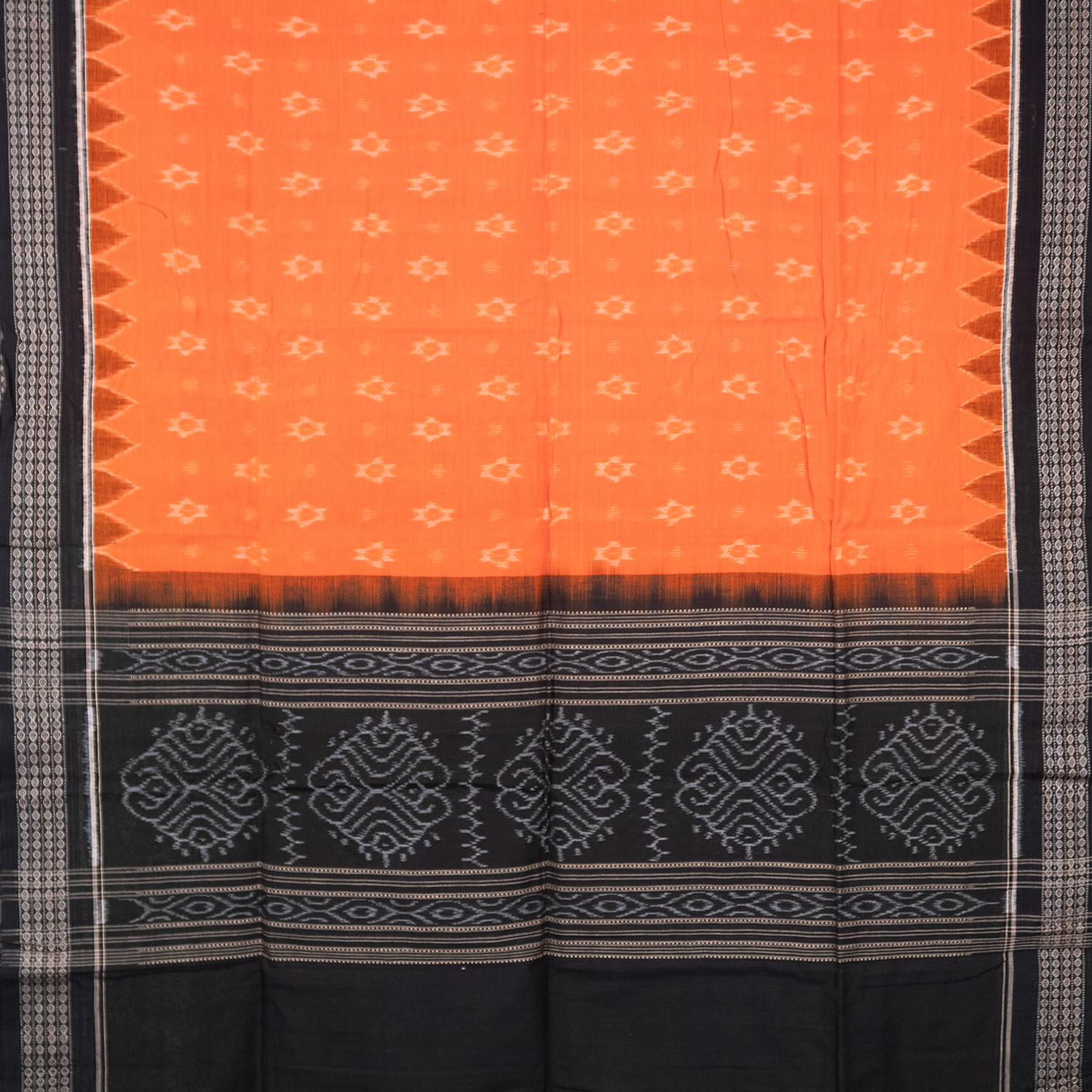Saffron Orange & Jet Black Traditional Sambalpuri Single Ikat Cotton Dupatta