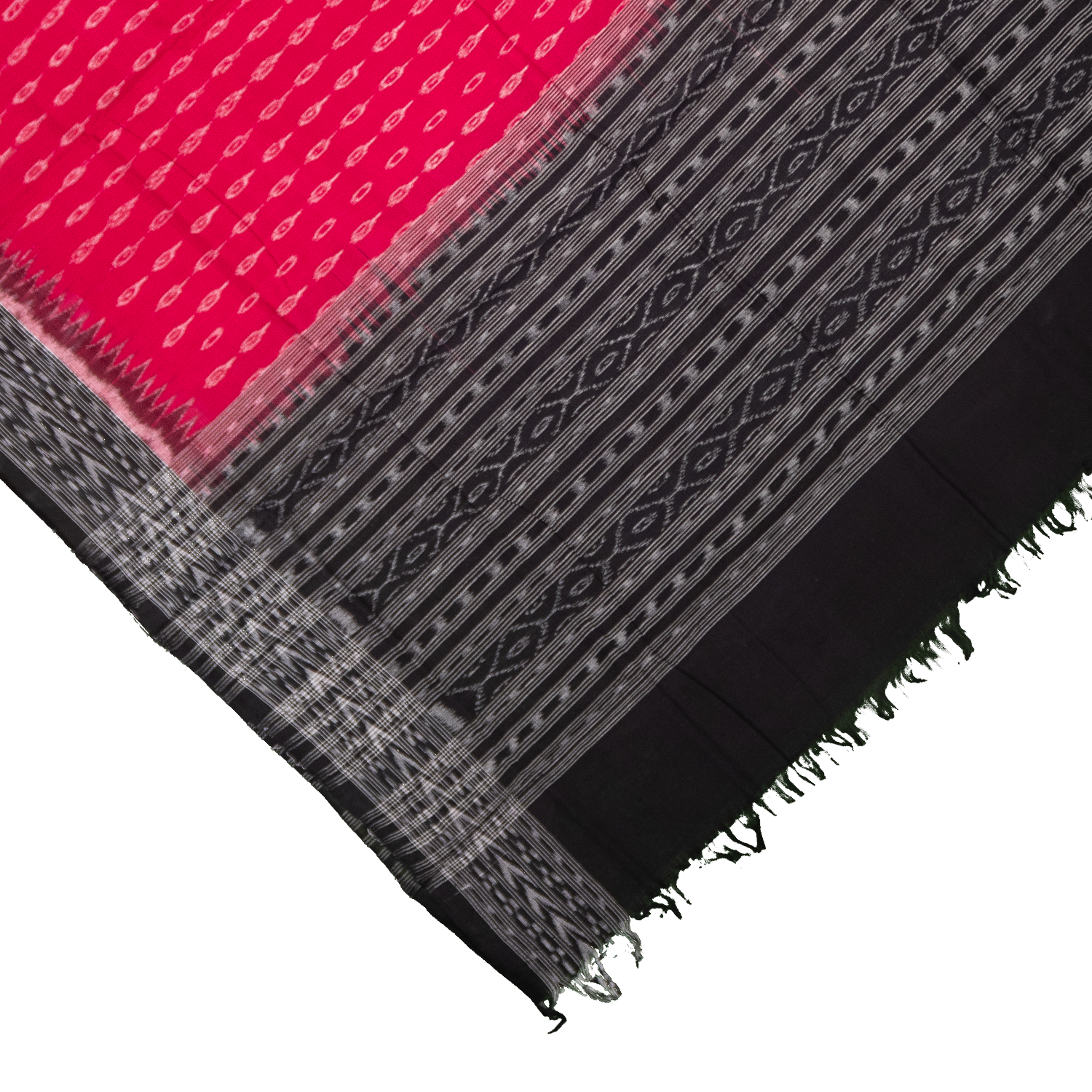 Magenta Pink & Raven Black Traditional Geometric Sambalpuri Double Ikat Cotton Dupatta