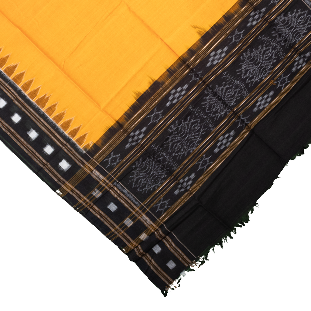 Mango Yellow & Jet Black Temple Border Sambalpuri Single Ikat Cotton Dupatta