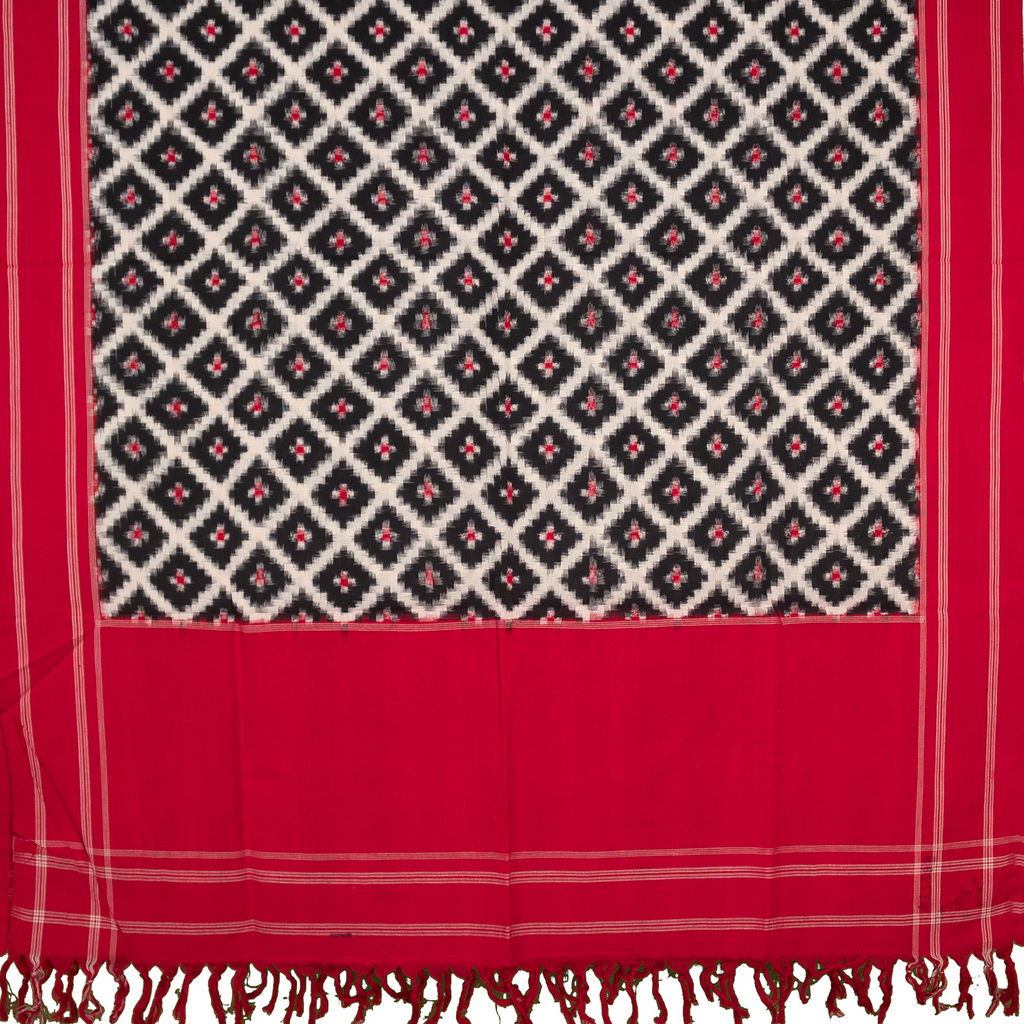 Crimson Red & Coal Black Geometric Grid Telia Rumal Double Ikat Cotton Dupatta