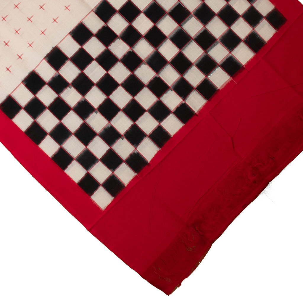 Crimson Red & Jet Black Checkerboard Bichitrapuri Double Ikat Cotton Dupatta