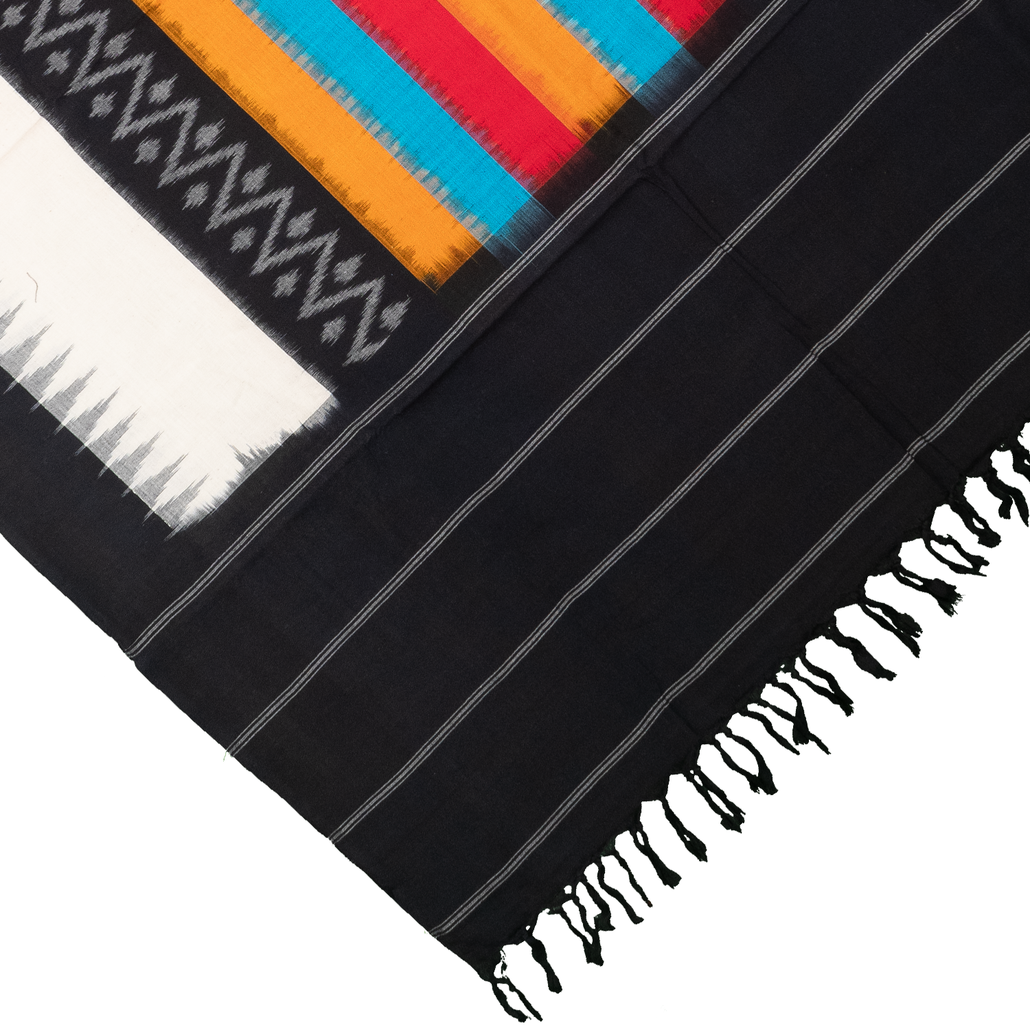 Jet Black & Pearl White Geometric Sambalpuri Single Ikat Cotton Dupatta