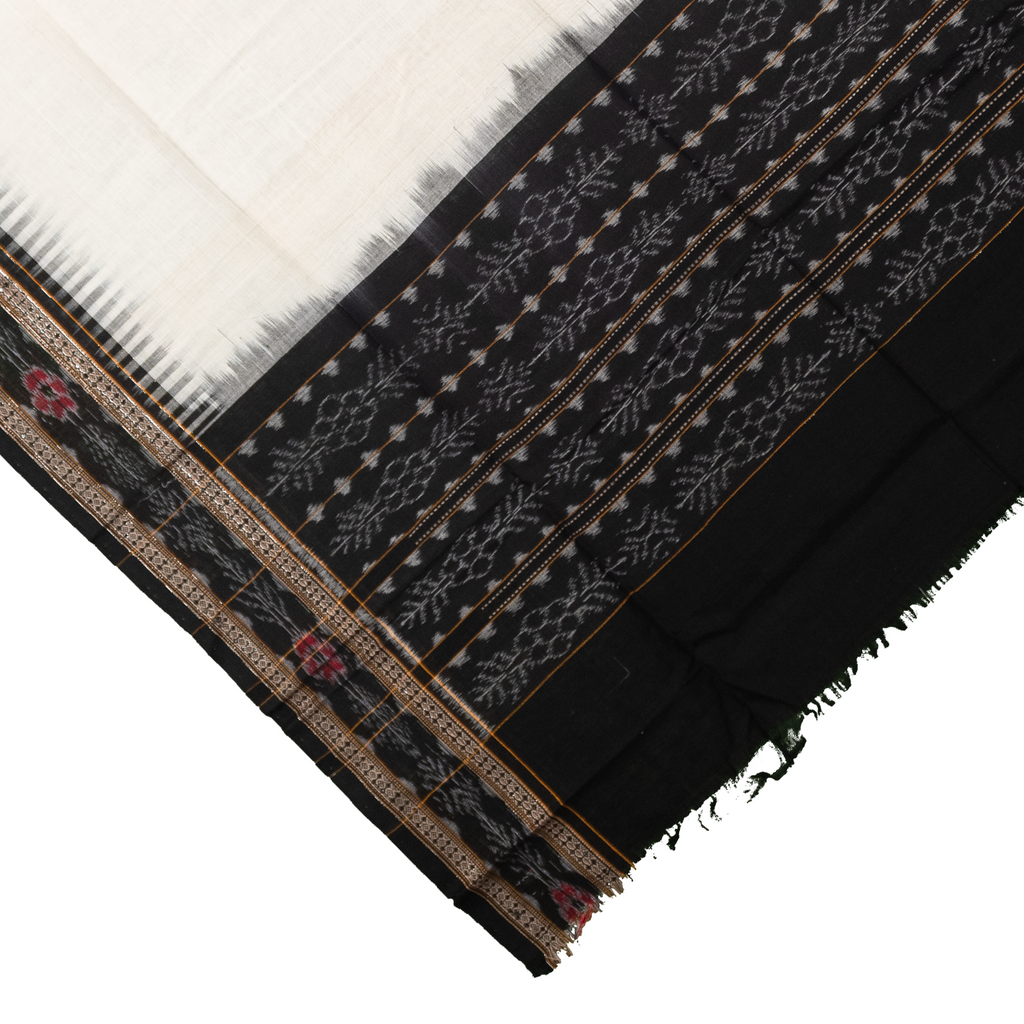 Ivory White & Jet Black Floral Geometric Sambalpuri Single Ikat Cotton Dupatta