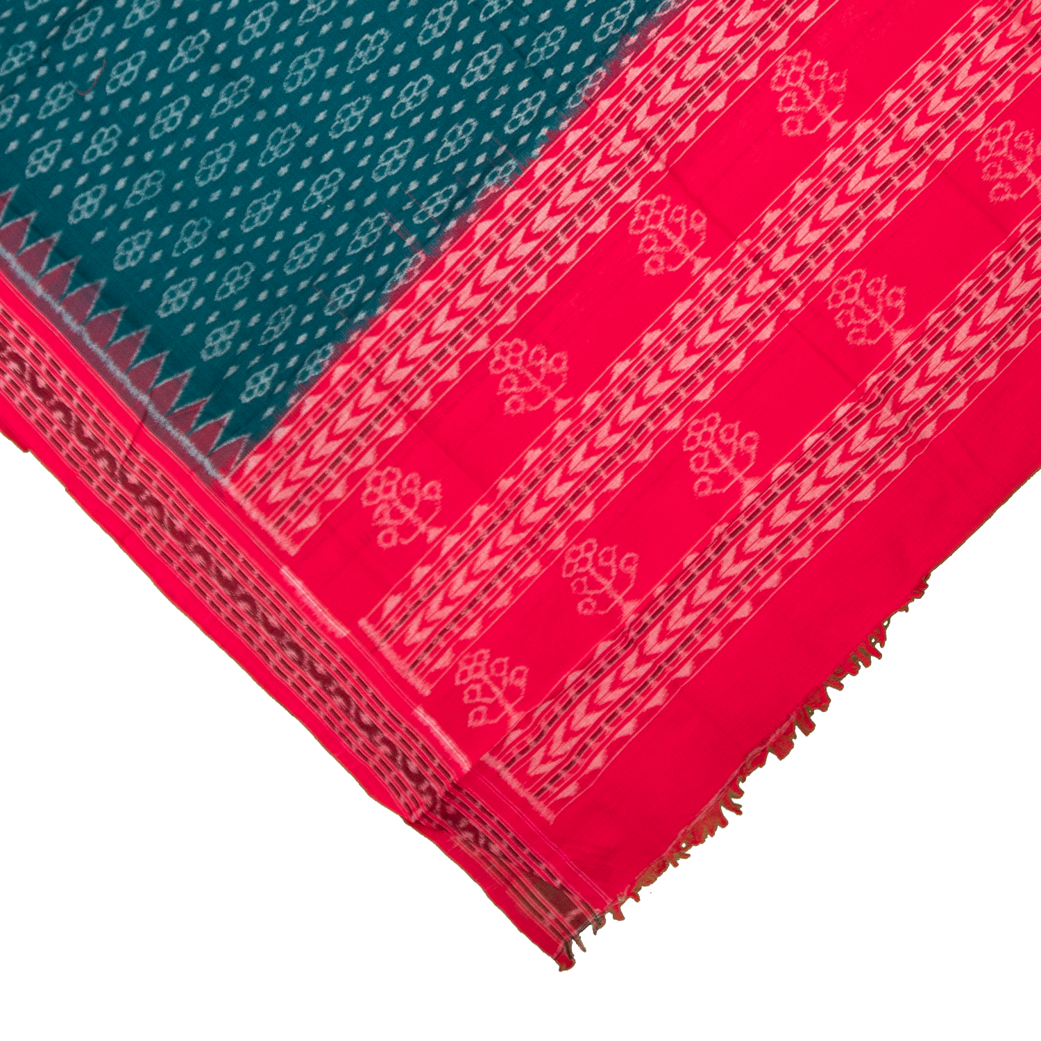 Teal Green & Crimson Red Floral Sambalpuri Single Ikat Cotton Dupatta