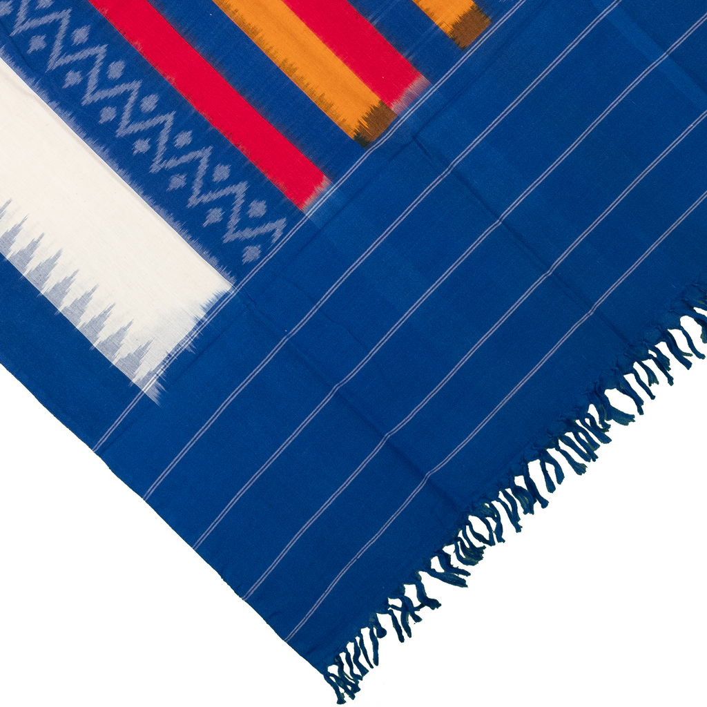 Cobalt Blue & Off-White Geometric Sambalpuri Single Ikat Cotton Dupatta