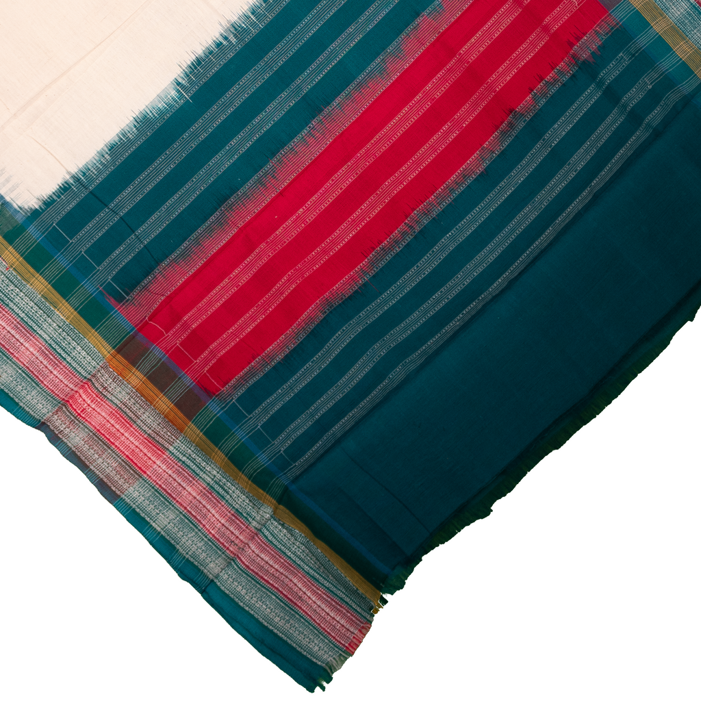 Off White & Teal Blue Geometric Sambalpuri Single Ikat Cotton Dupatta