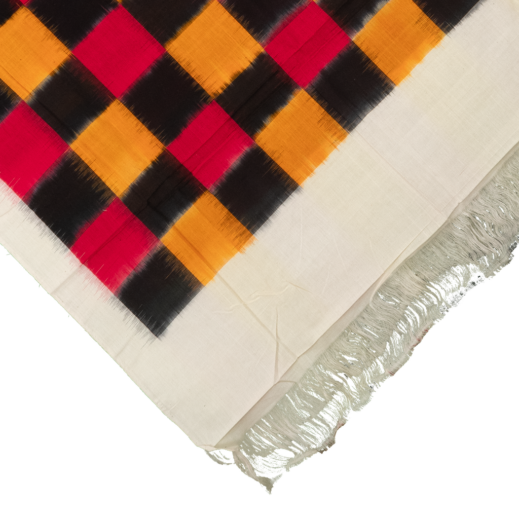 Crimson Red & Charcoal Black Checkered Grid Pochampally Double Ikat Cotton Dupatta
