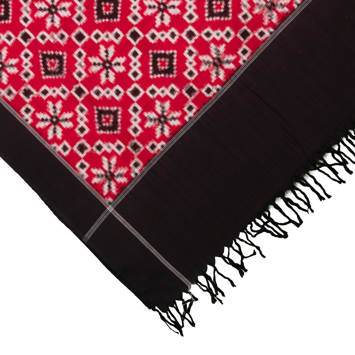 Crimson Red & Charcoal Black Geometric Telia Rumal Double Ikat Cotton Dupatta