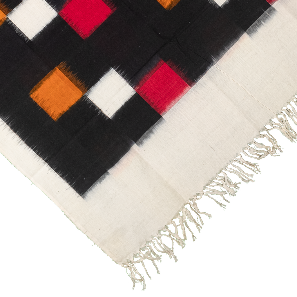 Jet Black & Madder Red Geometric Telia Rumal Double Ikat Cotton Dupatta