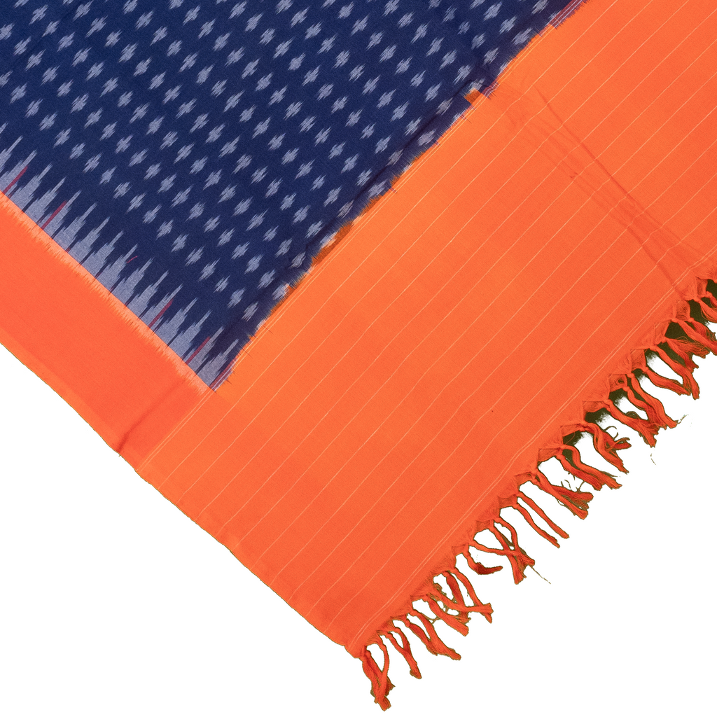 Navy Blue & Bright Orange Geometric Pochampally Single Ikat Cotton Dupatta