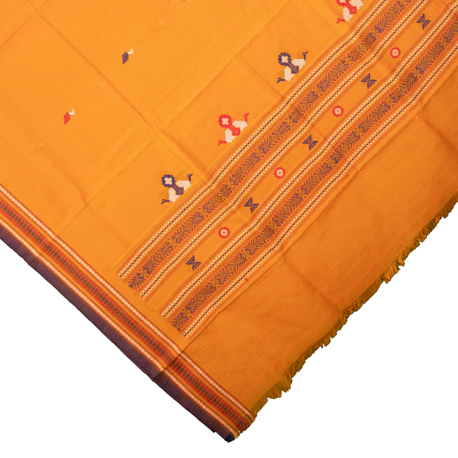 Mustard Yellow & Purple Fish Motif Sambalpuri Single Ikat Cotton Dupatta