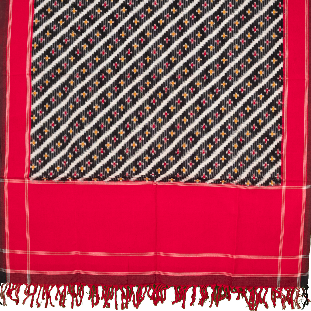 Jet Black & Crimson Red Diagonal Striped Sambalpuri Single Ikat Cotton Dupatta