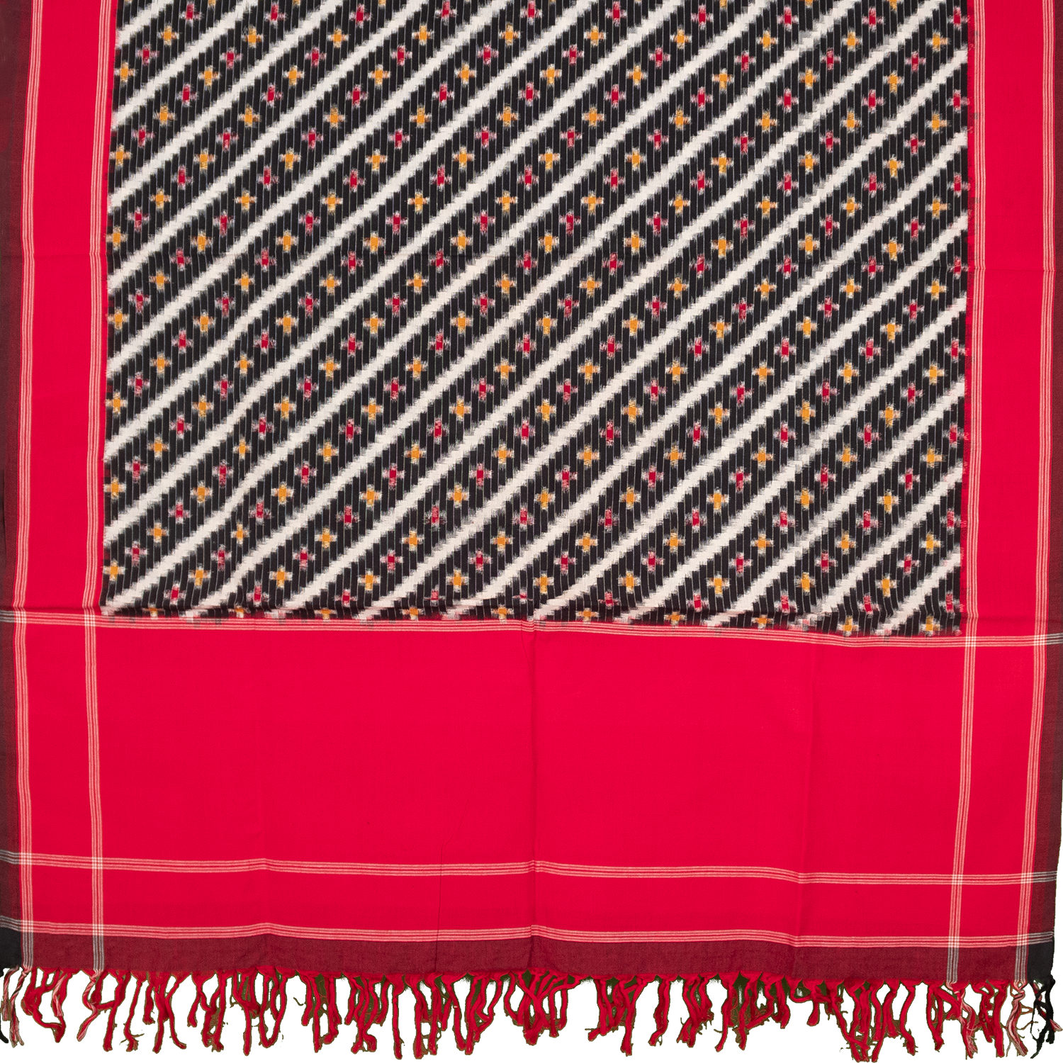Jet Black & Crimson Red Diagonal Striped Sambalpuri Single Ikat Cotton Dupatta