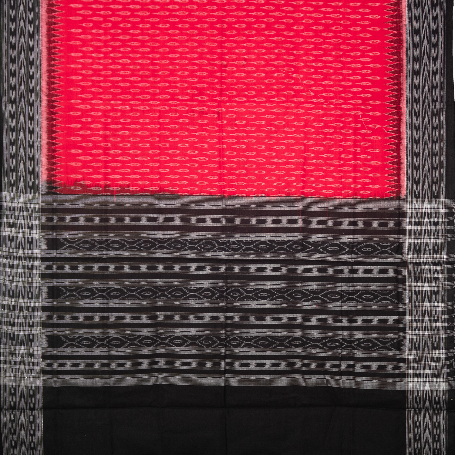 Crimson Red & Coal Black Traditional Sambalpuri Single Ikat Cotton Dupatta