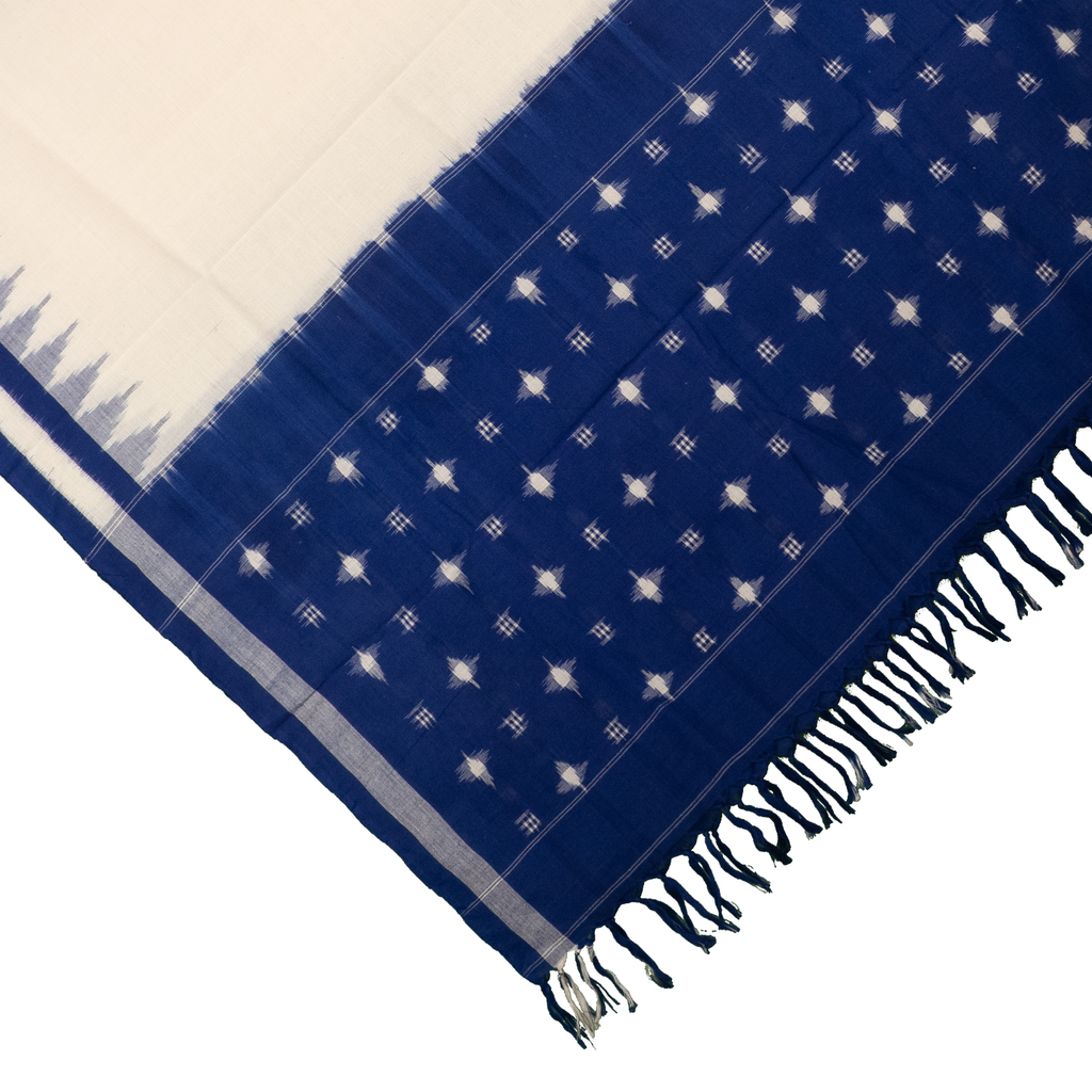 Ivory White & Indigo Blue Geometric Sambalpuri Single Ikat Cotton Dupatta
