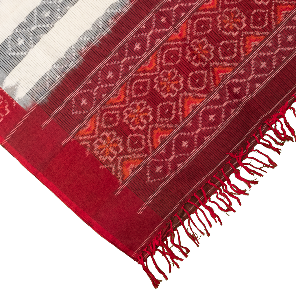 Off White & Maroon Red Geometric Floral Sambalpuri Single Ikat Cotton Dupatta