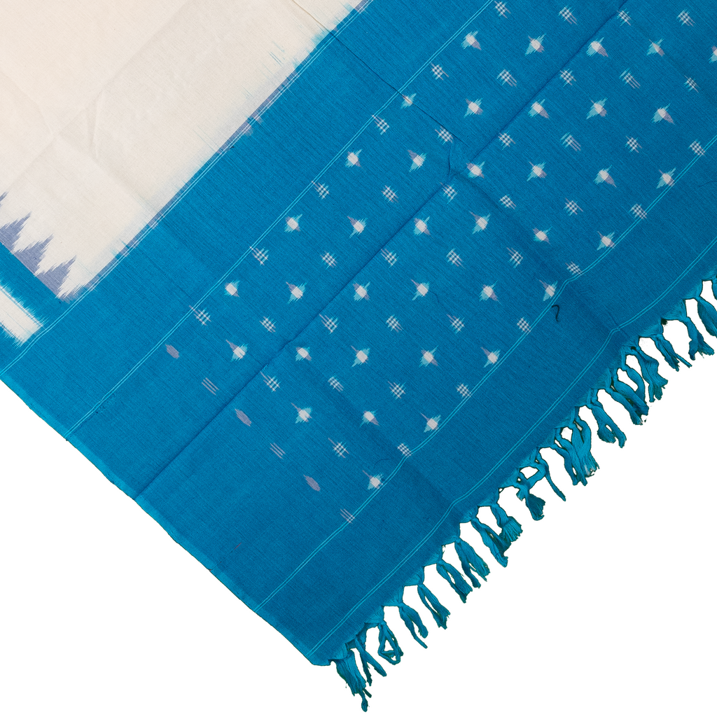 Off-White & Cyan Blue Temple Border Pochampally Single Ikat Cotton Dupatta