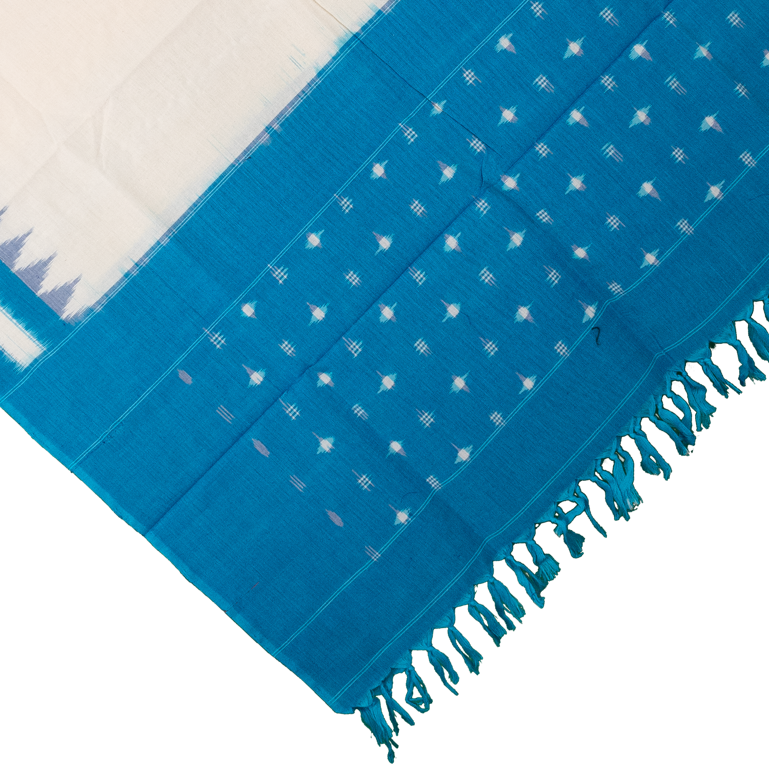 Off-White & Cyan Blue Temple Border Pochampally Single Ikat Cotton Dupatta