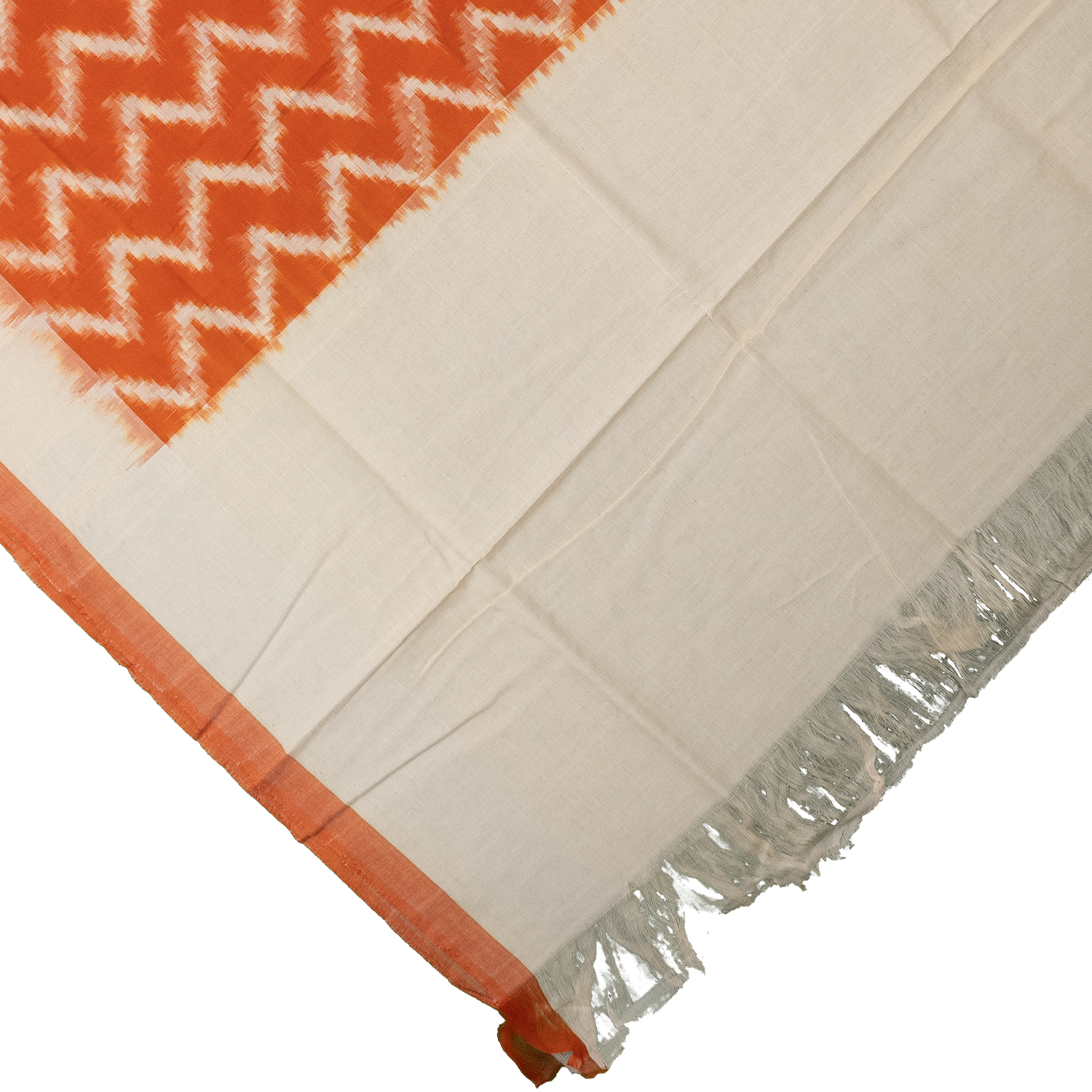 Ivory White & Rust Orange Zigzag Pochampally Single Ikat Cotton Dupatta