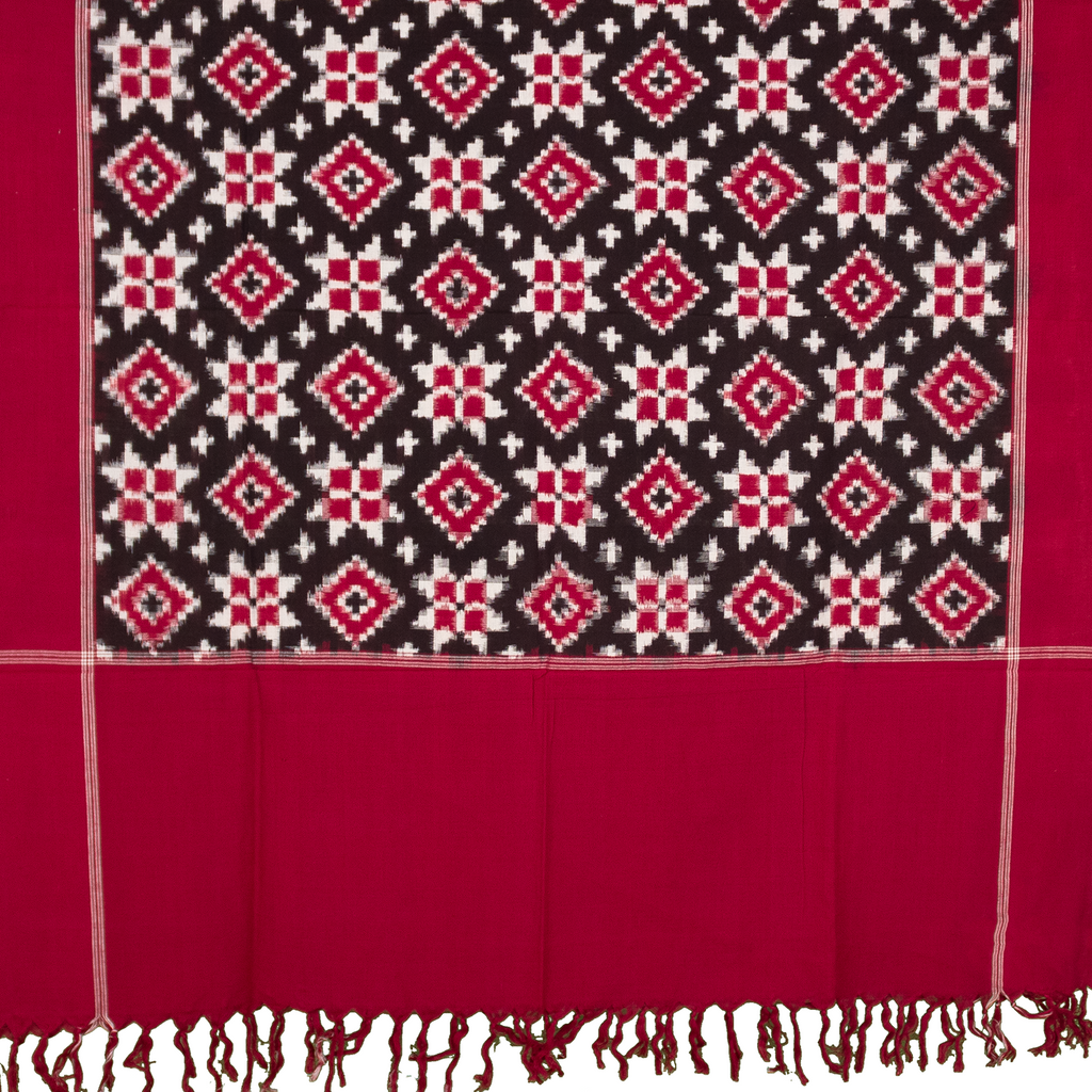 Crimson Red & Charcoal Black Geometric Telia Rumal Double Ikat Cotton Dupatta