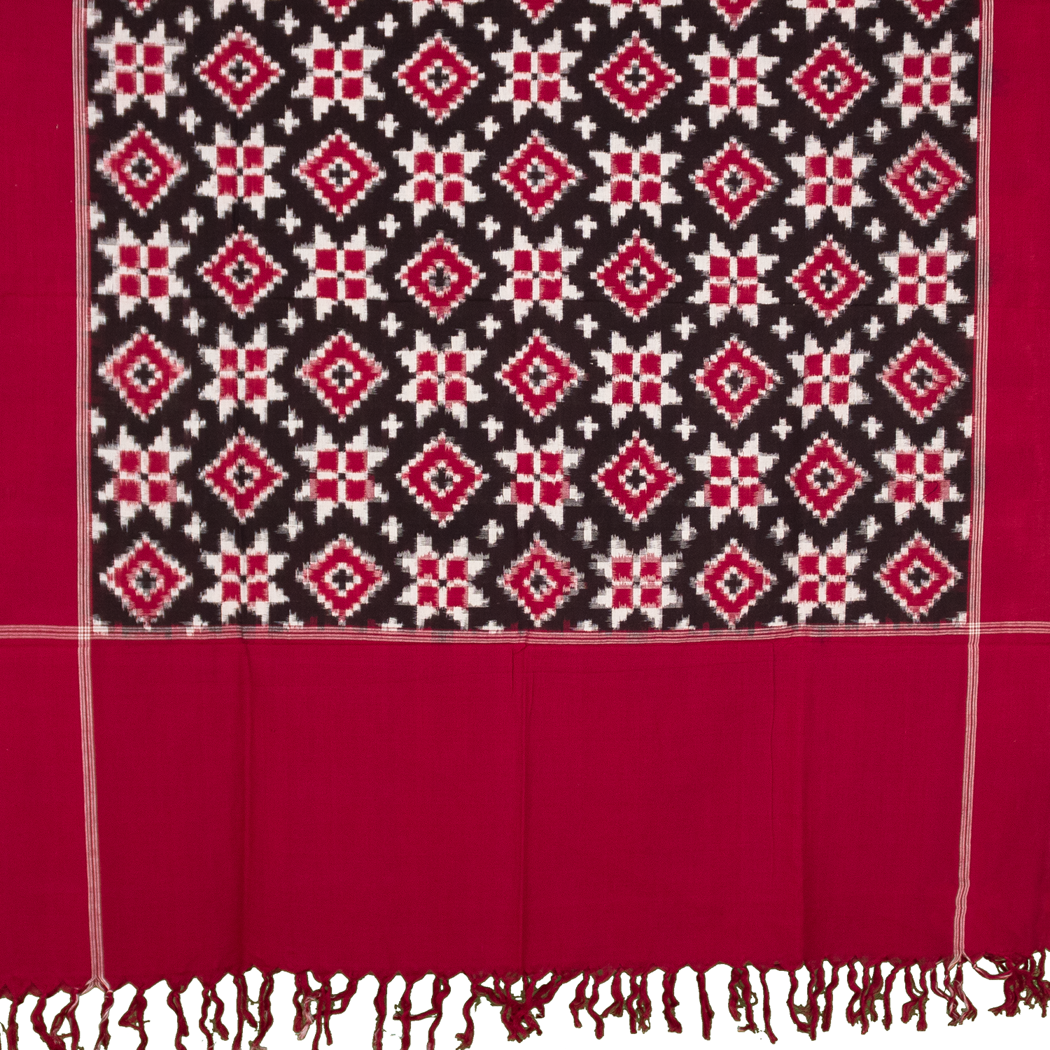 Crimson Red & Charcoal Black Geometric Telia Rumal Double Ikat Cotton Dupatta