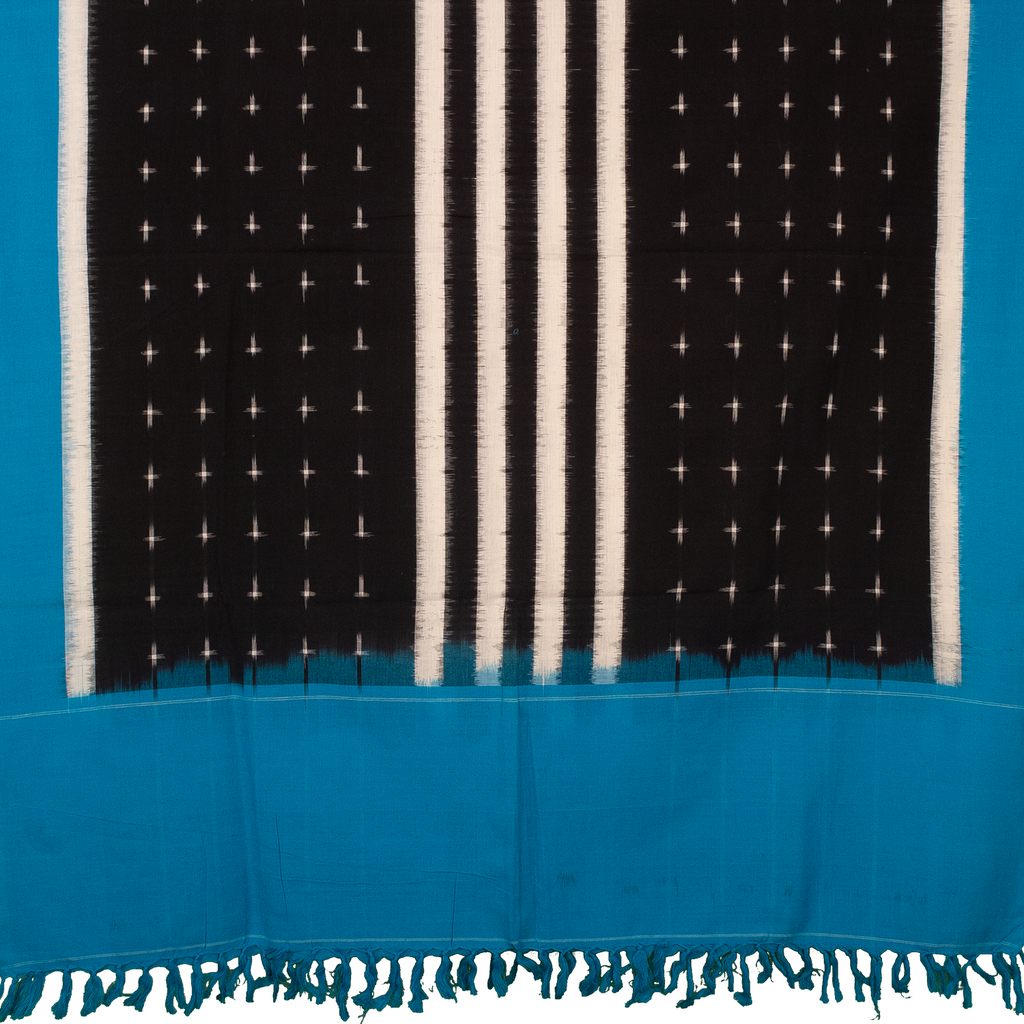 Jet Black & Peacock Blue Geometric Sambalpuri Single Ikat Cotton Dupatta