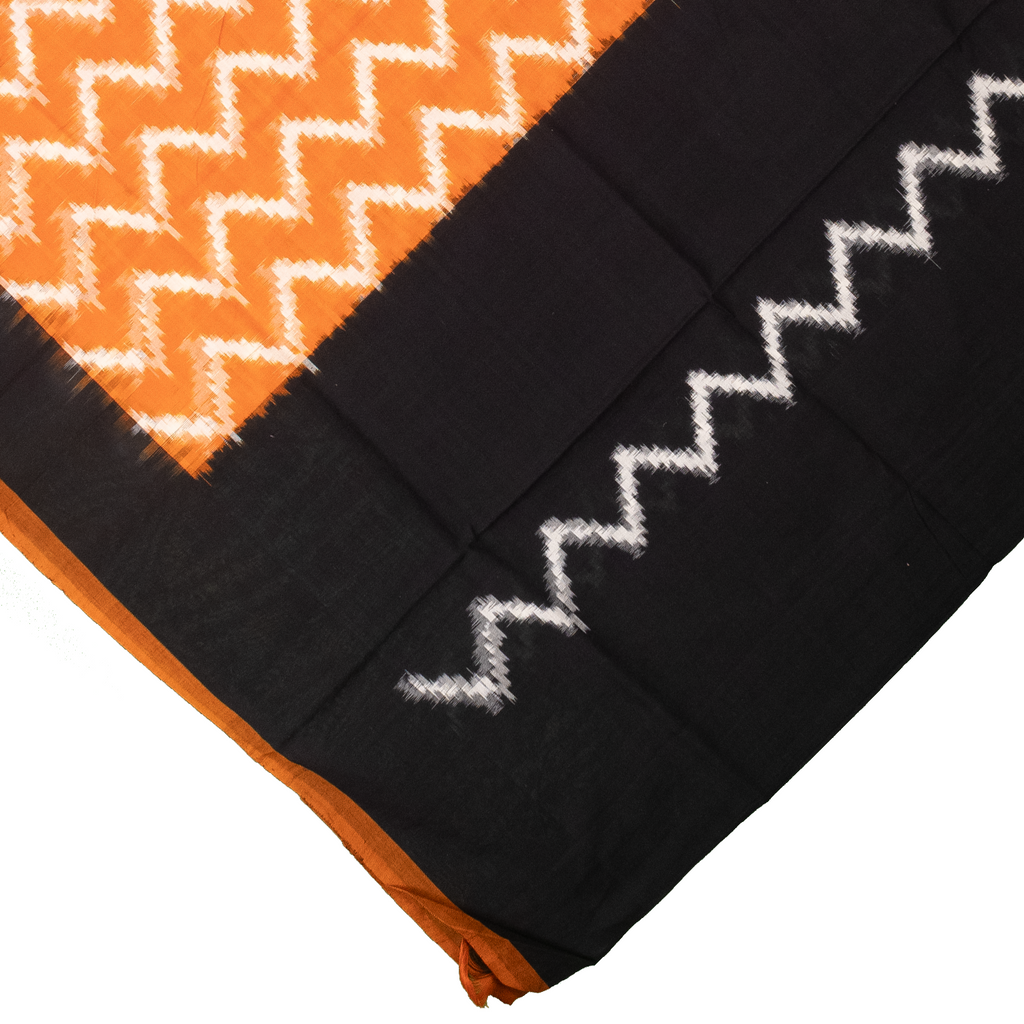 Pumpkin Orange & Coal Black Zigzag Pochampally Single Ikat Cotton Dupatta